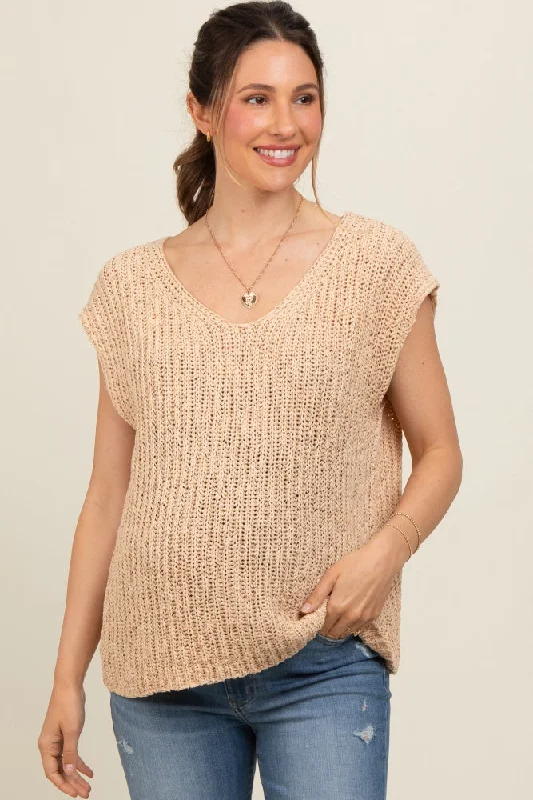 Beige Sleeveless Chunky Knit Maternity Top