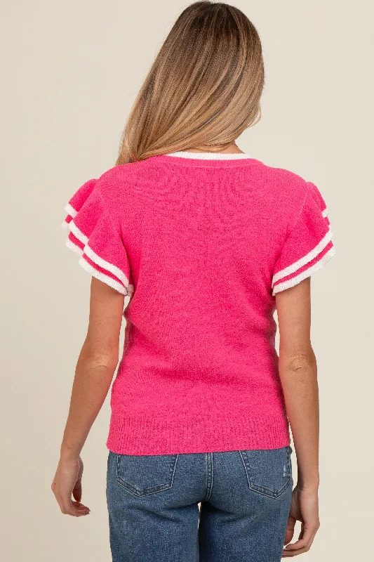 Fuchsia Double Ruffle Sleeve Maternity Sweater Top