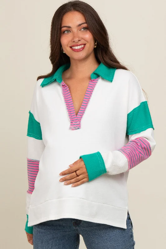 Green Raw Hem Maternity Long Sleeve Polo Top