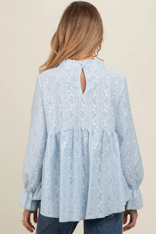 Light Blue Lace Ruffled Neck Maternity Top