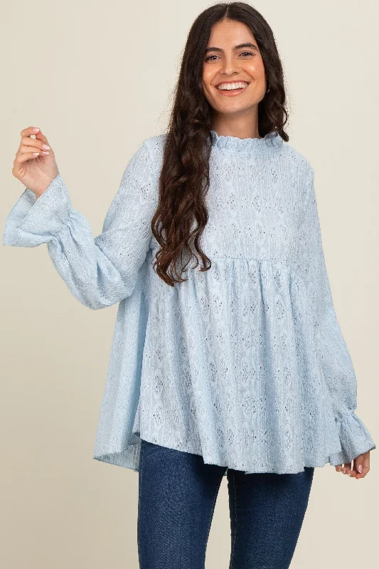 Light Blue Lace Ruffled Neck Maternity Top