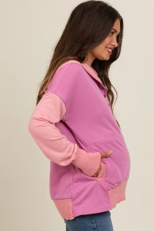 Magenta Colorblock Relaxed Fit Maternity Hoodie