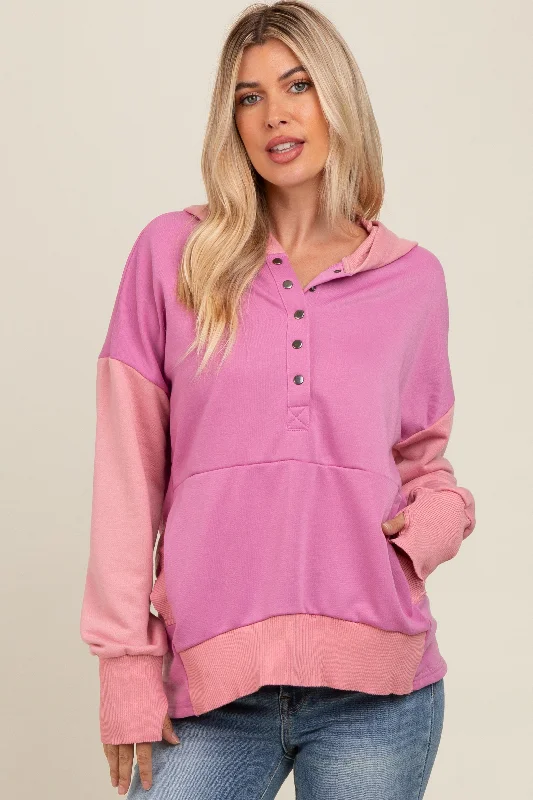 Magenta Colorblock Relaxed Fit Maternity Hoodie