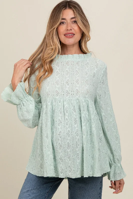 Mint Green Lace Ruffled Neck Maternity Top