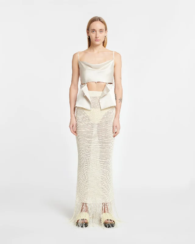 Lindy - Fringed Crochet Skirt - Creme