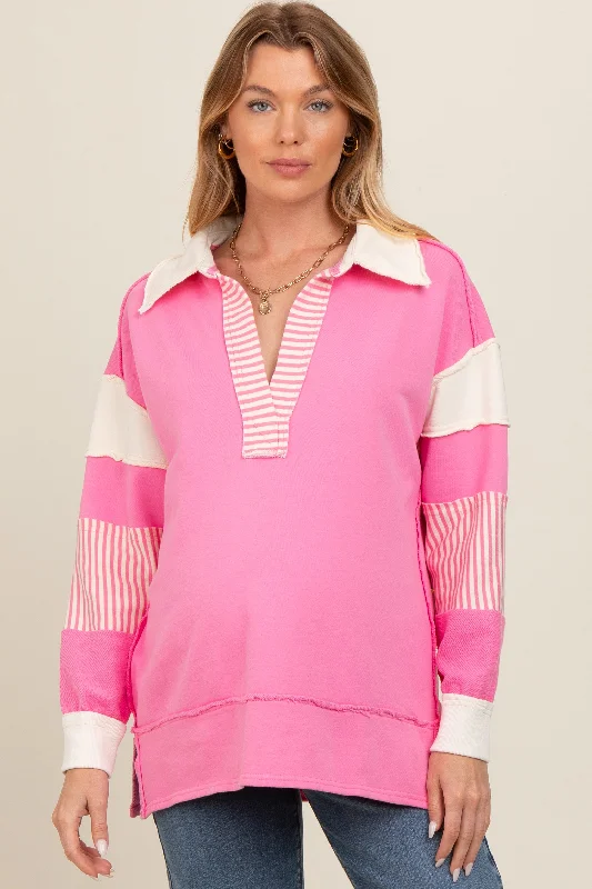 Pink Colorblock Stripe Maternity Polo Pullover Top