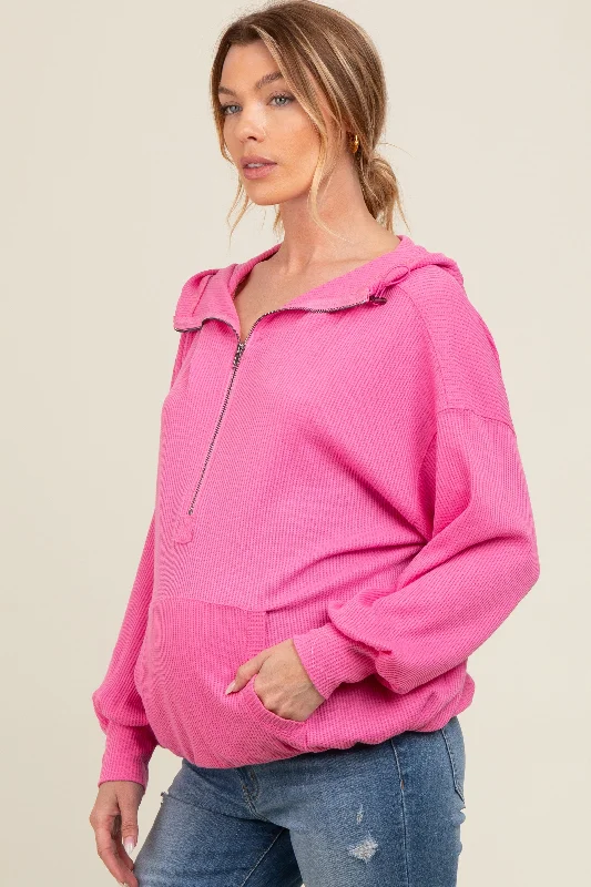 Pink Waffle Knit Half Zip Relaxed Fit Maternity Hoodie