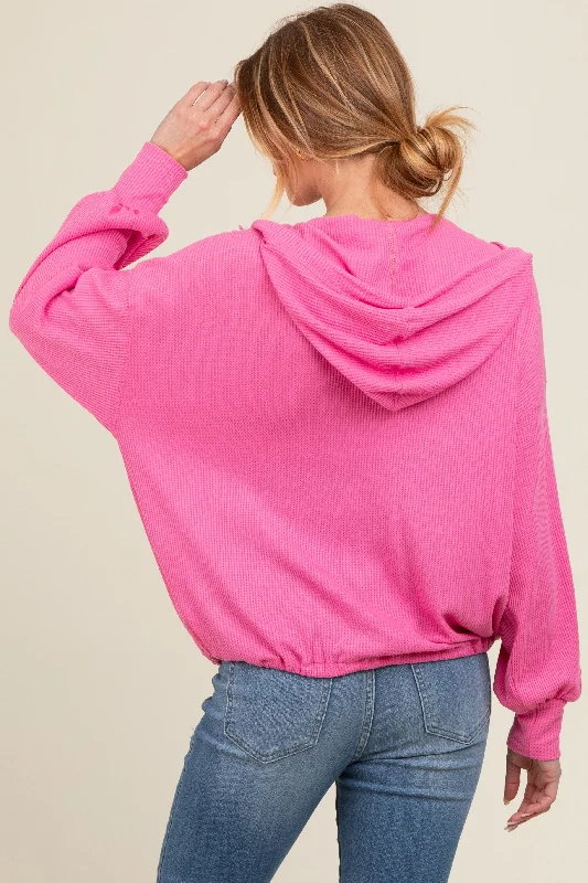 Pink Waffle Knit Half Zip Relaxed Fit Maternity Hoodie