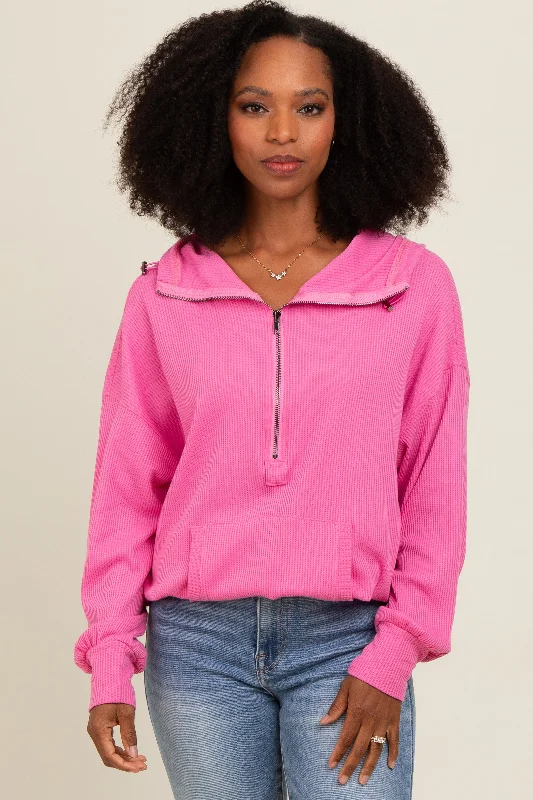 Pink Waffle Knit Half Zip Relaxed Fit Maternity Hoodie