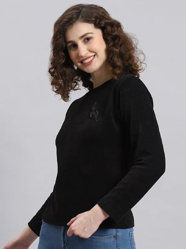 Women Black Embroidered Round Neck Full Sleeve Sweater