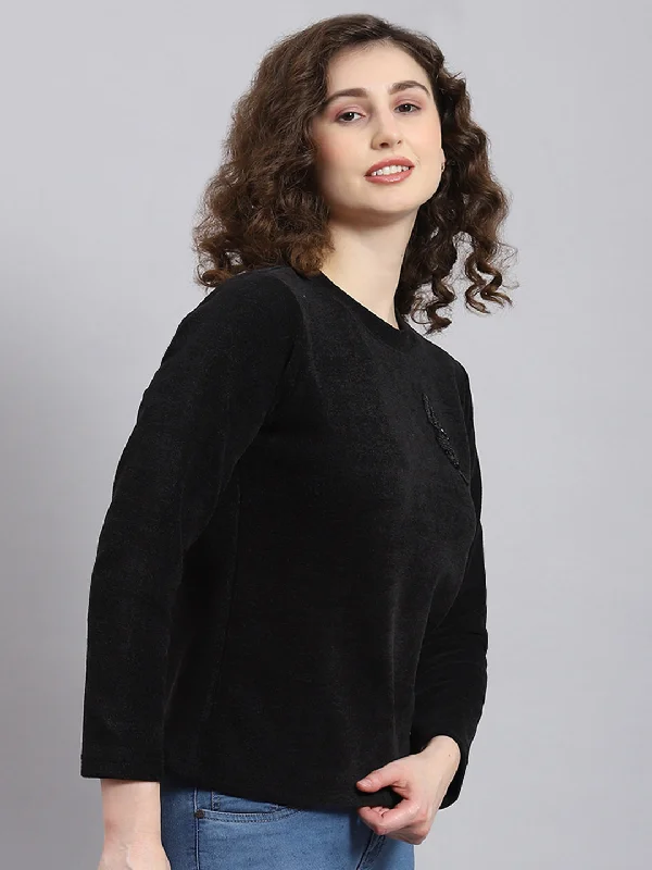 Women Black Embroidered Round Neck Full Sleeve Sweater