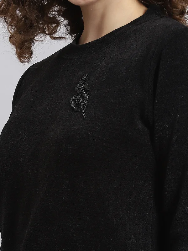 Women Black Embroidered Round Neck Full Sleeve Sweater