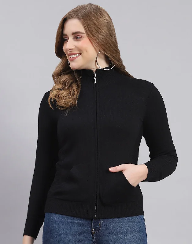 Women Black Solid Stand Collar Full Sleeve Sweater