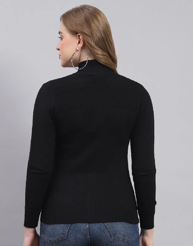 Women Black Solid Stand Collar Full Sleeve Sweater