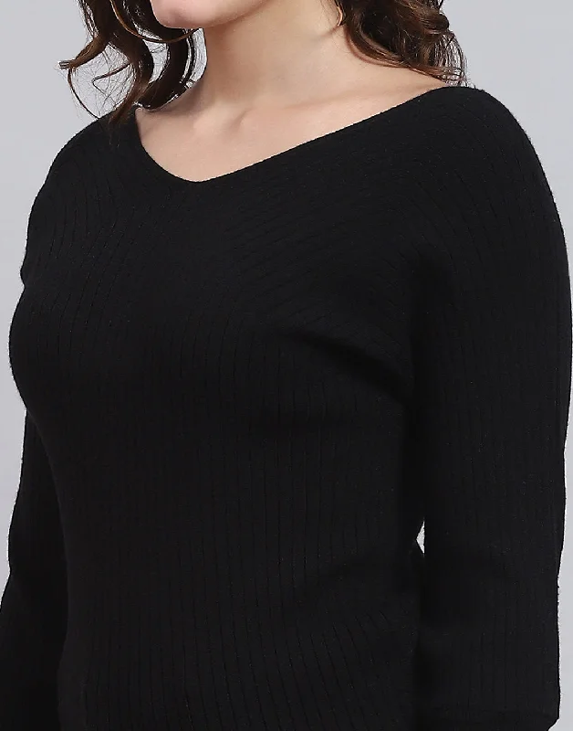 Women Black Solid V Neck 3/4 Sleeve Sweater