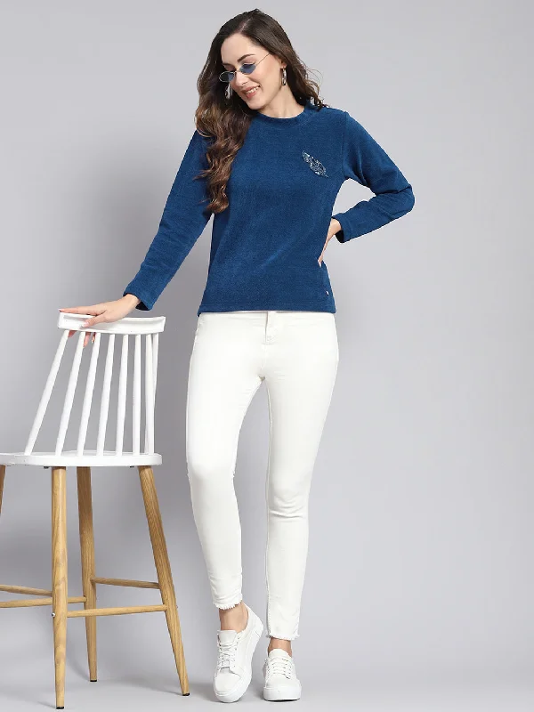 Women Blue Embroidered Round Neck Full Sleeve Sweater