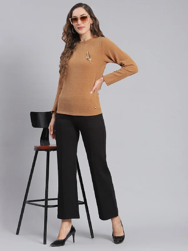 Women Brown Embroidered Round Neck Full Sleeve Sweater