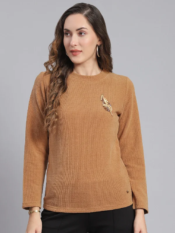 Women Brown Embroidered Round Neck Full Sleeve Sweater