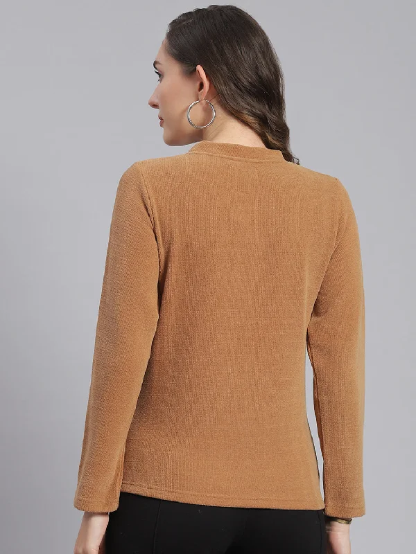 Women Brown Embroidered Round Neck Full Sleeve Sweater