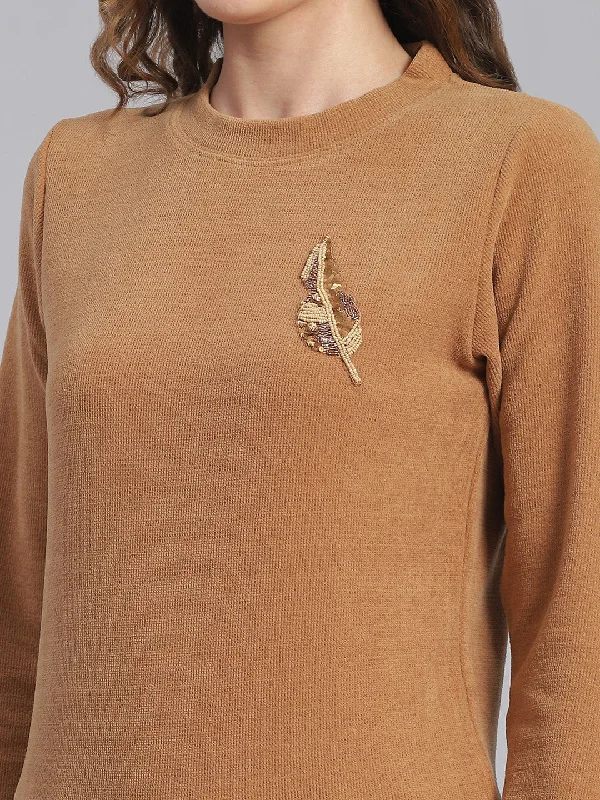 Women Brown Embroidered Round Neck Full Sleeve Sweater