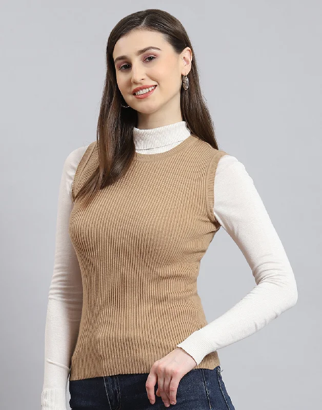 Women Brown Solid Round Neck Sleeveless Sweater