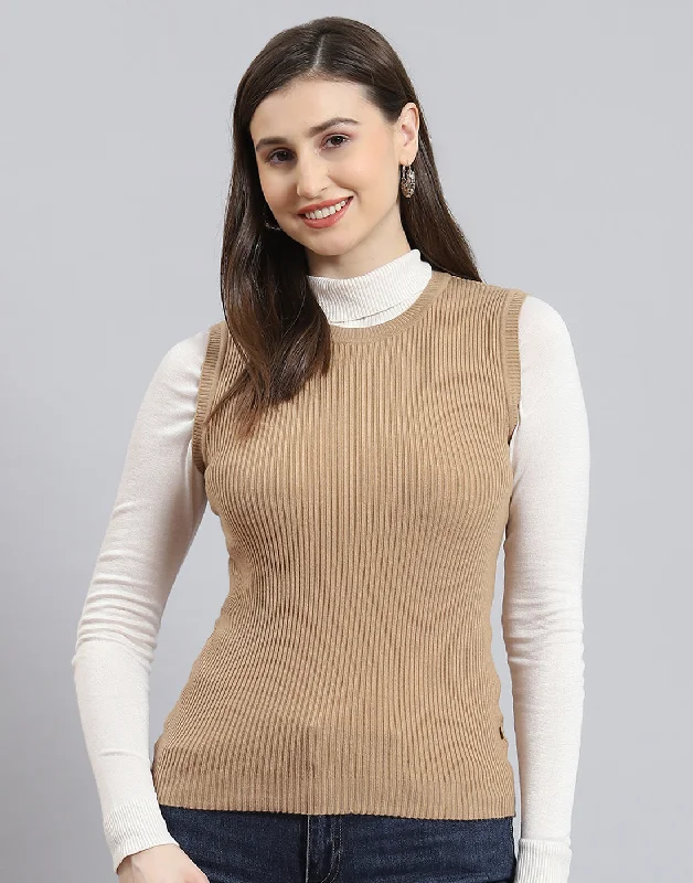 Women Brown Solid Round Neck Sleeveless Sweater