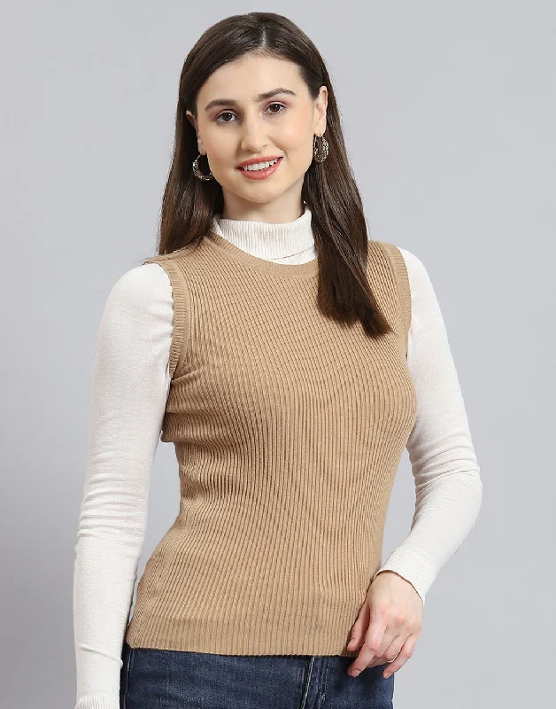 Women Brown Solid Round Neck Sleeveless Sweater