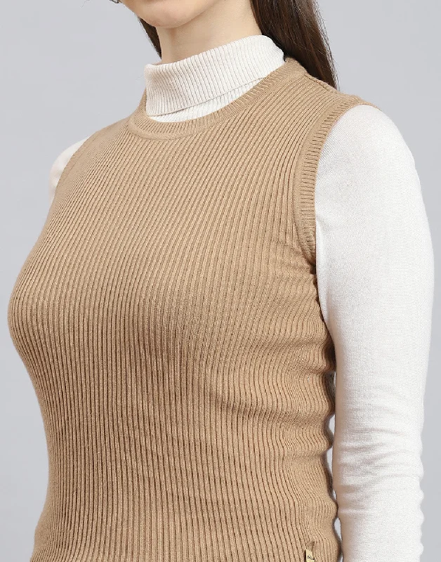 Women Brown Solid Round Neck Sleeveless Sweater