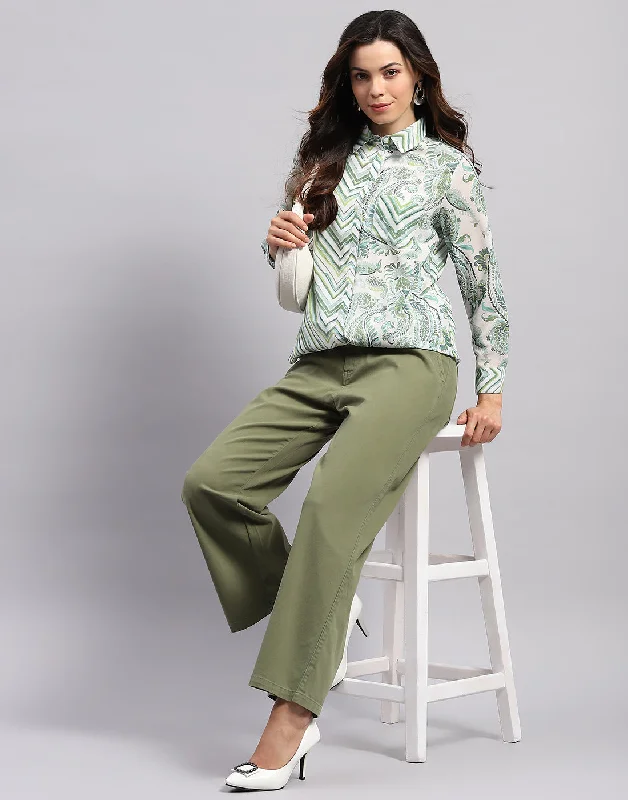 Women Green Printed Collar Full Sleeve Top