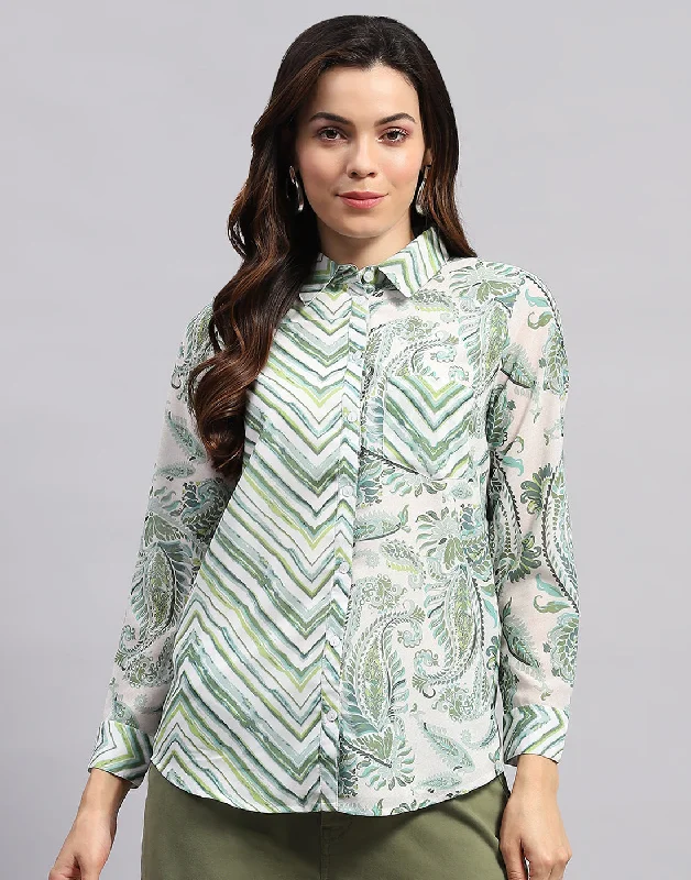 Women Green Printed Collar Full Sleeve Top