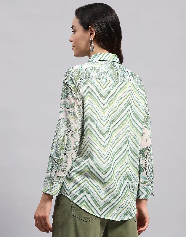 Women Green Printed Collar Full Sleeve Top