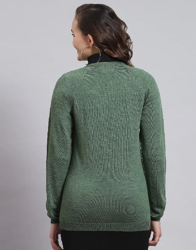 Women Green Solid V Neck Full Sleeve Sweater