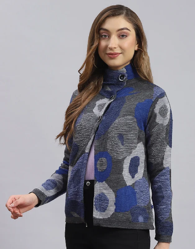 Women Grey Self Design H Neck Full Sleeve Sweater