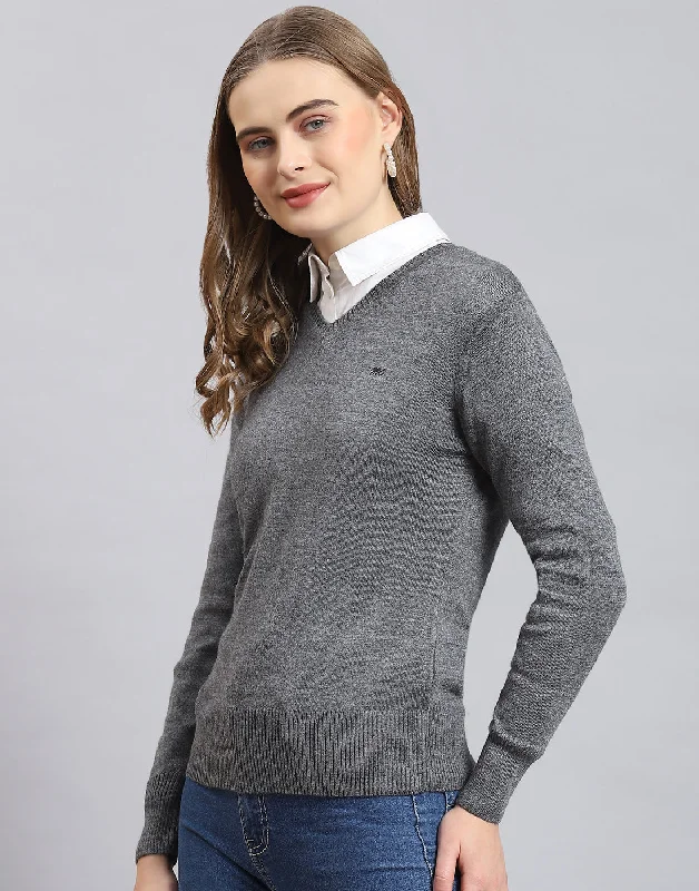 Women Grey Solid V Neck Full Sleeve Sweater