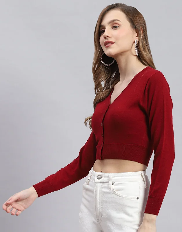 Women Maroon Solid V Neck Full Sleeve Sweater