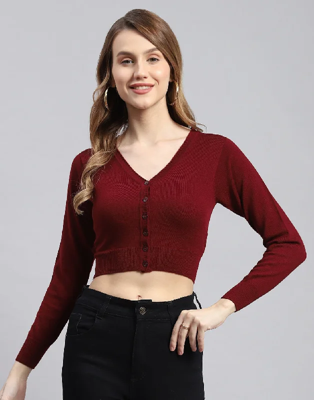 Women Maroon Solid V Neck Full Sleeve Sweater