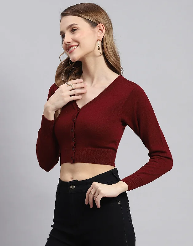 Women Maroon Solid V Neck Full Sleeve Sweater