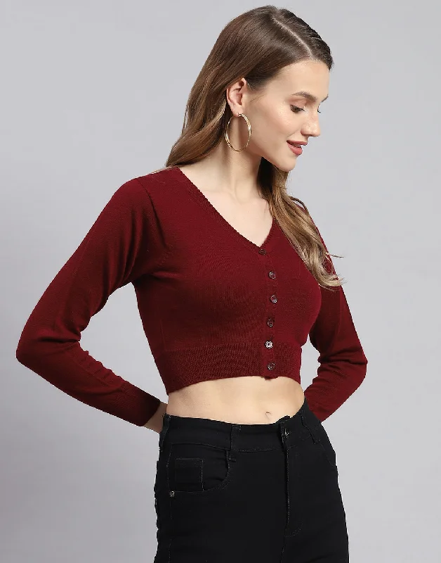 Women Maroon Solid V Neck Full Sleeve Sweater