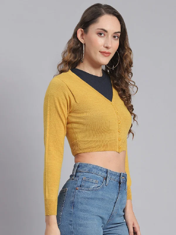 Women Mustard Solid V Neck Full Sleeve Sweater