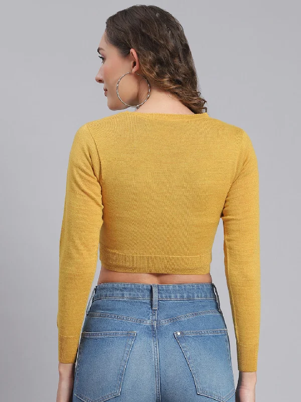 Women Mustard Solid V Neck Full Sleeve Sweater