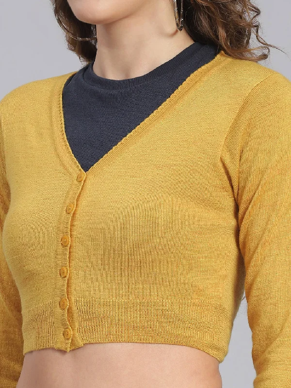 Women Mustard Solid V Neck Full Sleeve Sweater