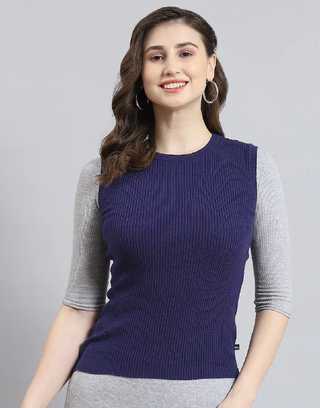 Women Navy Blue Solid Round Neck Sleeveless Sweater