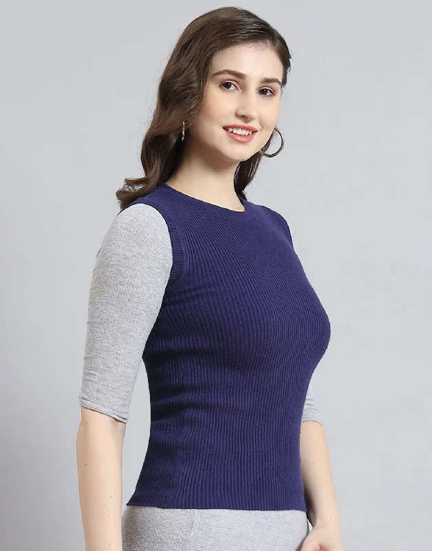 Women Navy Blue Solid Round Neck Sleeveless Sweater