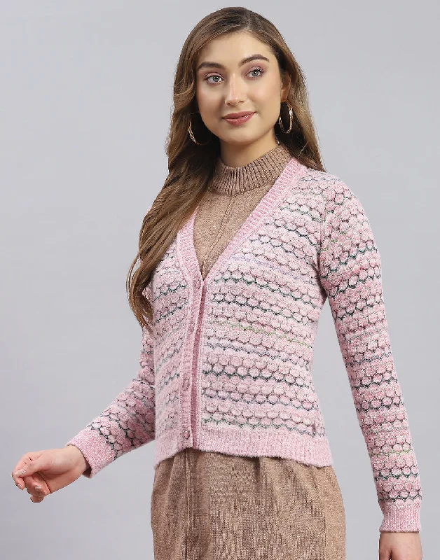 Women Pink Self Design V Neck Full Sleeve Sweater