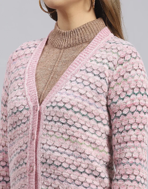 Women Pink Self Design V Neck Full Sleeve Sweater