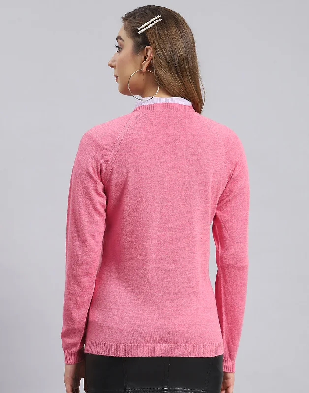 Women Pink Solid V Neck Full Sleeve Sweater