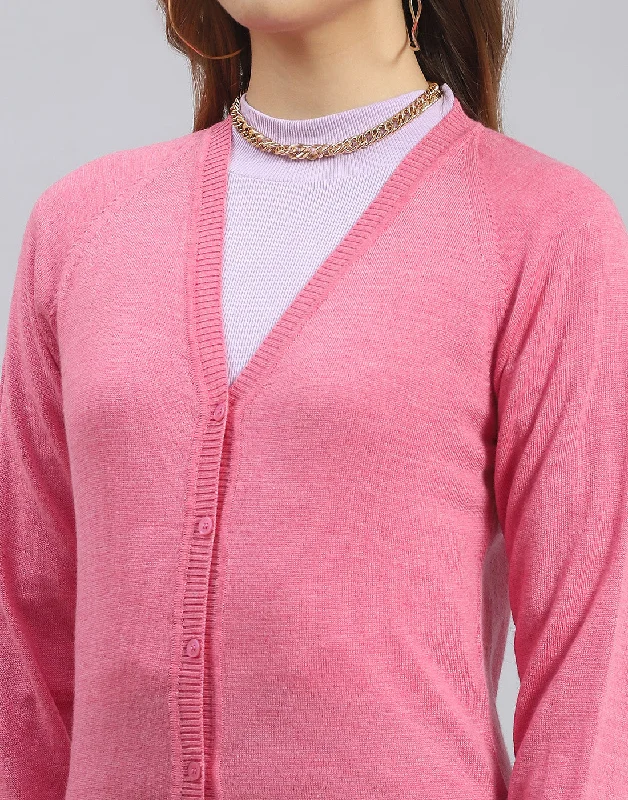 Women Pink Solid V Neck Full Sleeve Sweater