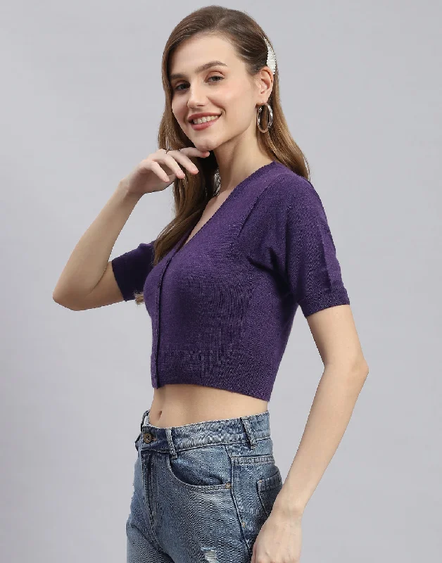 Women Purple Solid V Neck Half Sleeve Sweater