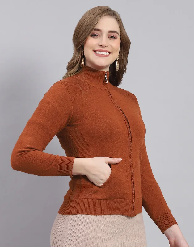 Women Rust Solid Stand Collar Full Sleeve Sweater