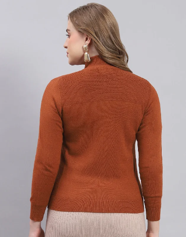 Women Rust Solid Stand Collar Full Sleeve Sweater